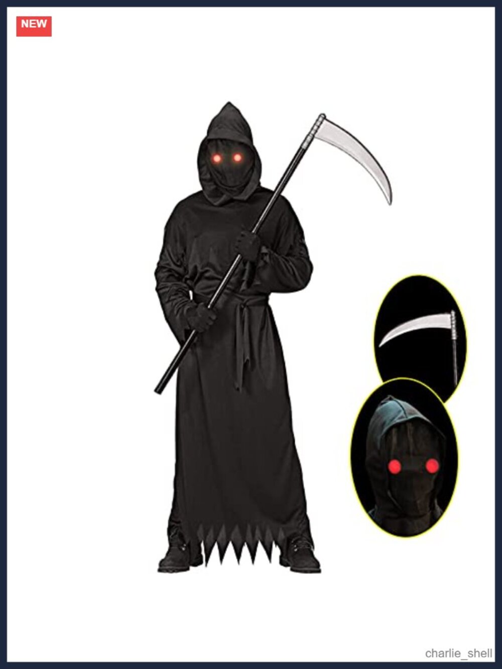 Grim Reaper Halloween Costume with Glowing Red Eyes and Scythe for Kids